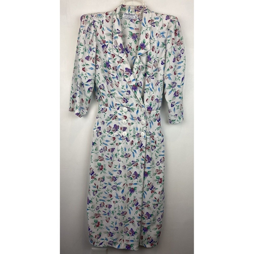 Vtg Floral Dress Womens 8 John Richard Tea White Pink Wrap Look Puff Sleeve Read